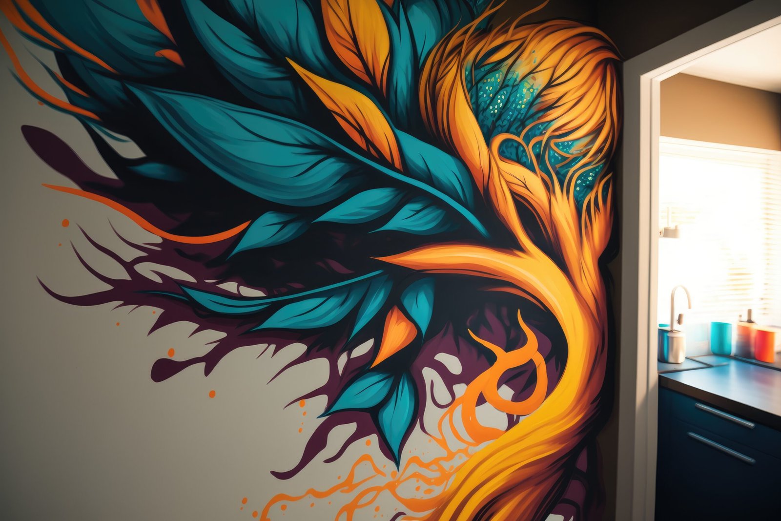 close-up of a fresh and vibrant wall painting in an apartment, created with generative ai
